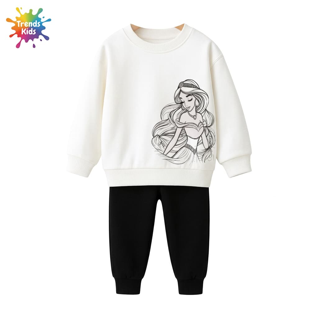 Girls Disney Two-Piece – White Sweatshirt & Black Pant Winter Set