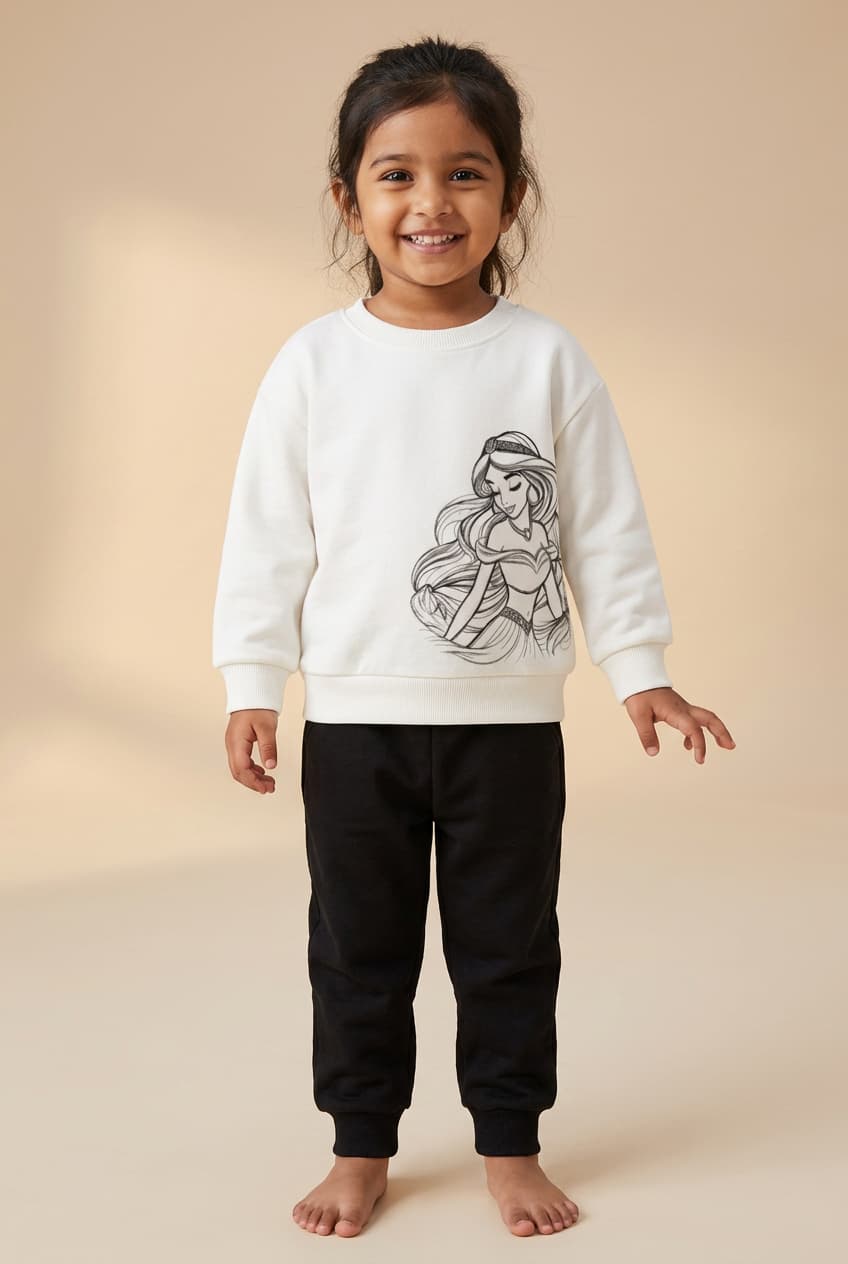 Girls Disney Two-Piece – White Sweatshirt & Black Pant Winter Set