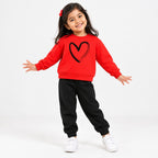 Red Sweatshirt & Black Joggers Kids Set – Heart Graphic | Premium Cotton Winter Wear