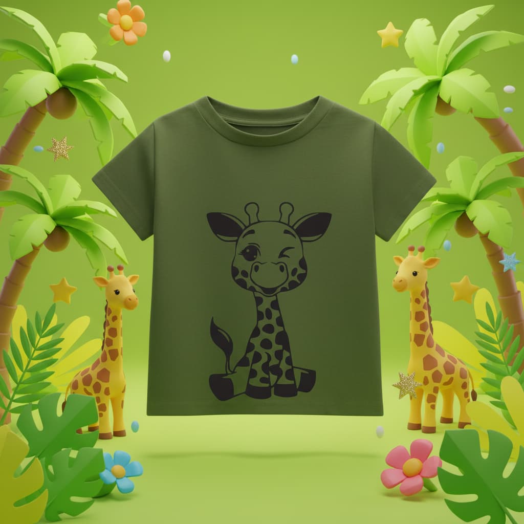 Cute Giraffe Kids Cotton T-Shirt – Olive Green Graphic Tee (6M–8Y)