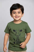 Cute Giraffe Kids Cotton T-Shirt – Olive Green Graphic Tee (6M–8Y)