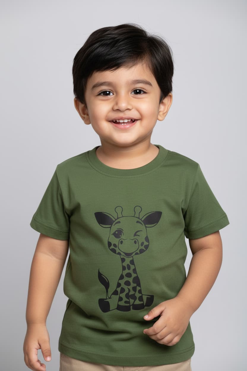 Cute Giraffe Kids Cotton T-Shirt – Olive Green Graphic Tee (6M–8Y)