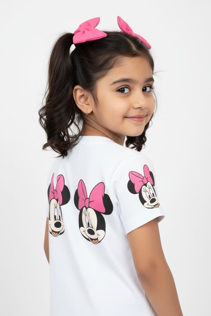 Front & Back Print Cute Girl face with pink bow –  Girls Premium Cotton T-Shirt