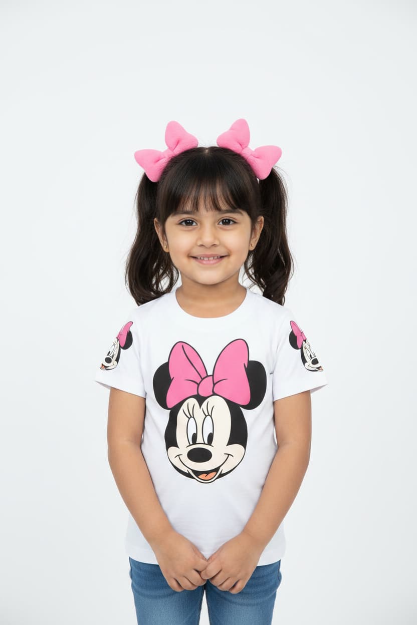 Front & Back Print Cute Girl face with pink bow –  Girls Premium Cotton T-Shirt
