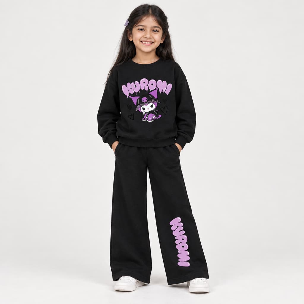 Girls Hello Kitty Kuromi K-Pop Printed Cotton Sweatshirt With Trousers