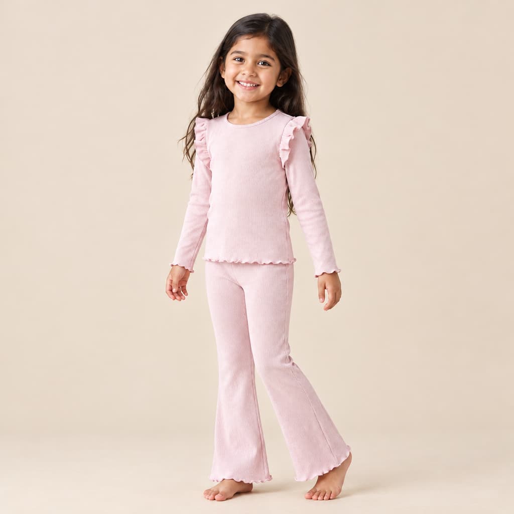 Light Pink Ribbed Ruffle Top & Flare Pants Set