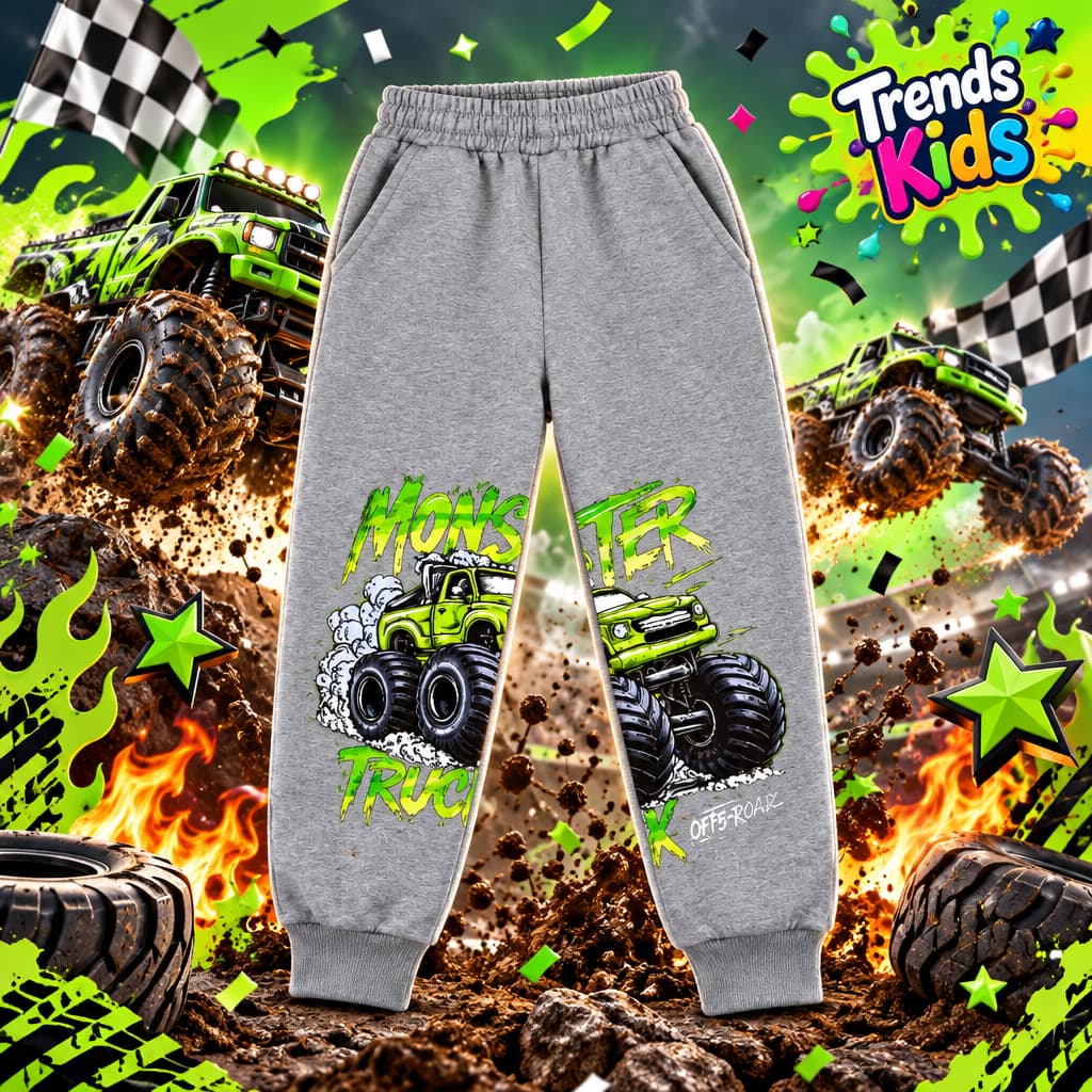 Gray Monster Truck Jogger for Kids – Winter Warm Soft Pants
