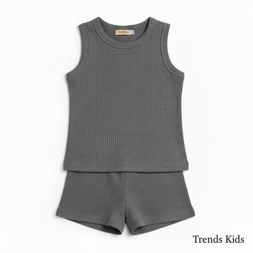 Premium Grey Ribbed Tank Top Round Neck & Shorts Set for Kids (0 Months - 7 Years)