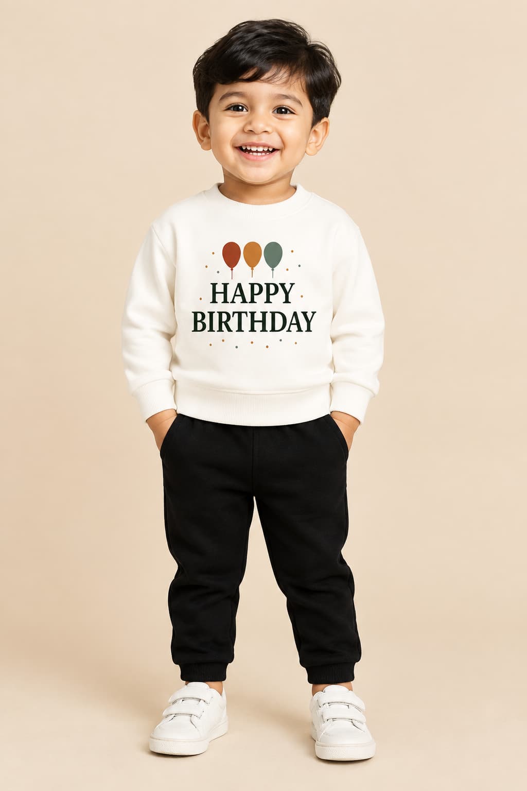 Happy Birthday White Sweatshirt + Black Jogger Set