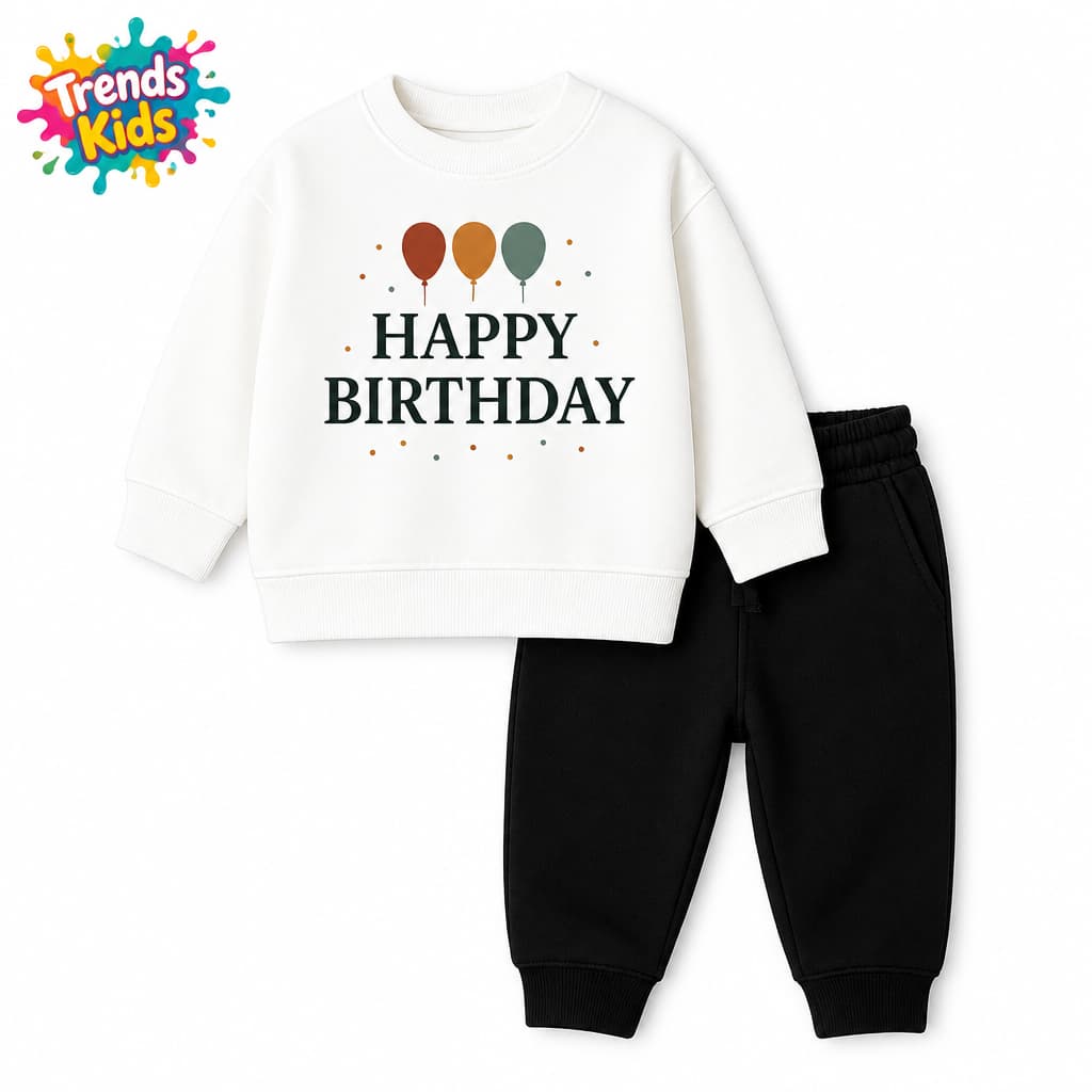Happy Birthday White Sweatshirt + Black Jogger Set