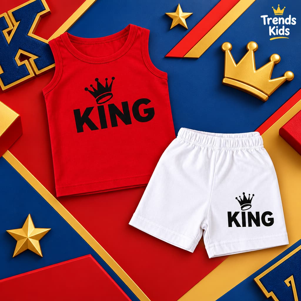 King Red and White Graphic Print Cotton Sleeveless Tank Tops Set