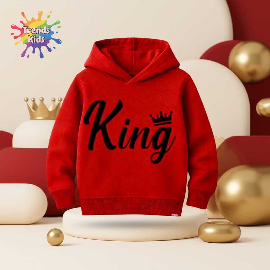 Red Kids Hoodie – KING Print with Crown | Premium Cotton Winter Wear