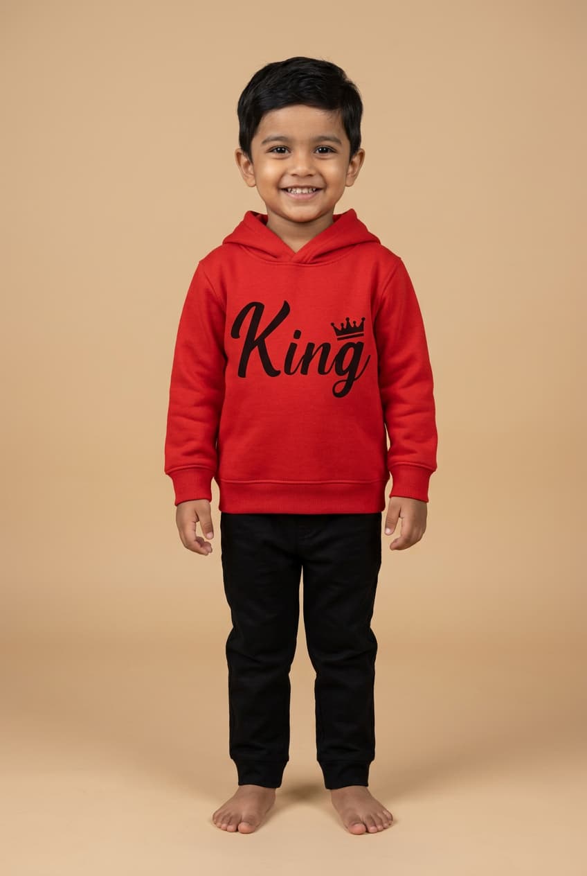 Red Kids Hoodie – KING Print with Crown | Premium Cotton Winter Wear