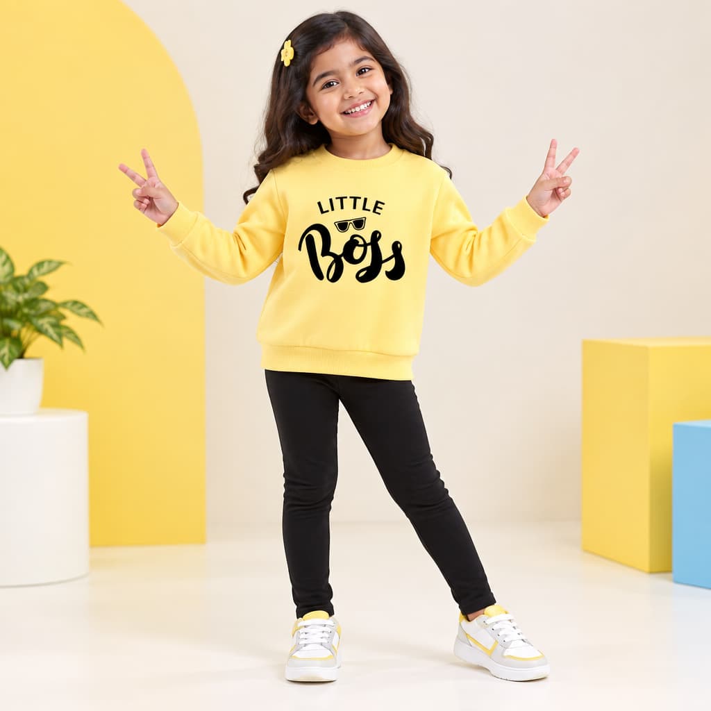 Yellow Kids Sweatshirt – “Little Boss” Print | Premium Cotton Winter Wear