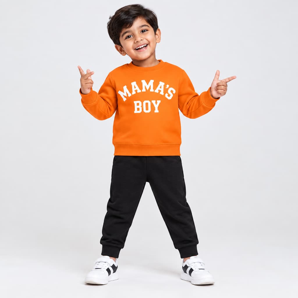 Orange Sweatshirt & Black Joggers Kids Set – Mama’s Boy Print | Premium Cotton Winter Wea