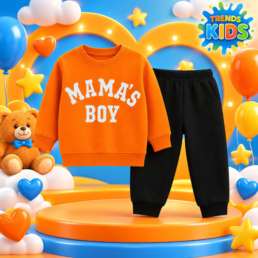 Orange Sweatshirt & Black Joggers Kids Set – Mama’s Boy Print | Premium Cotton Winter Wea