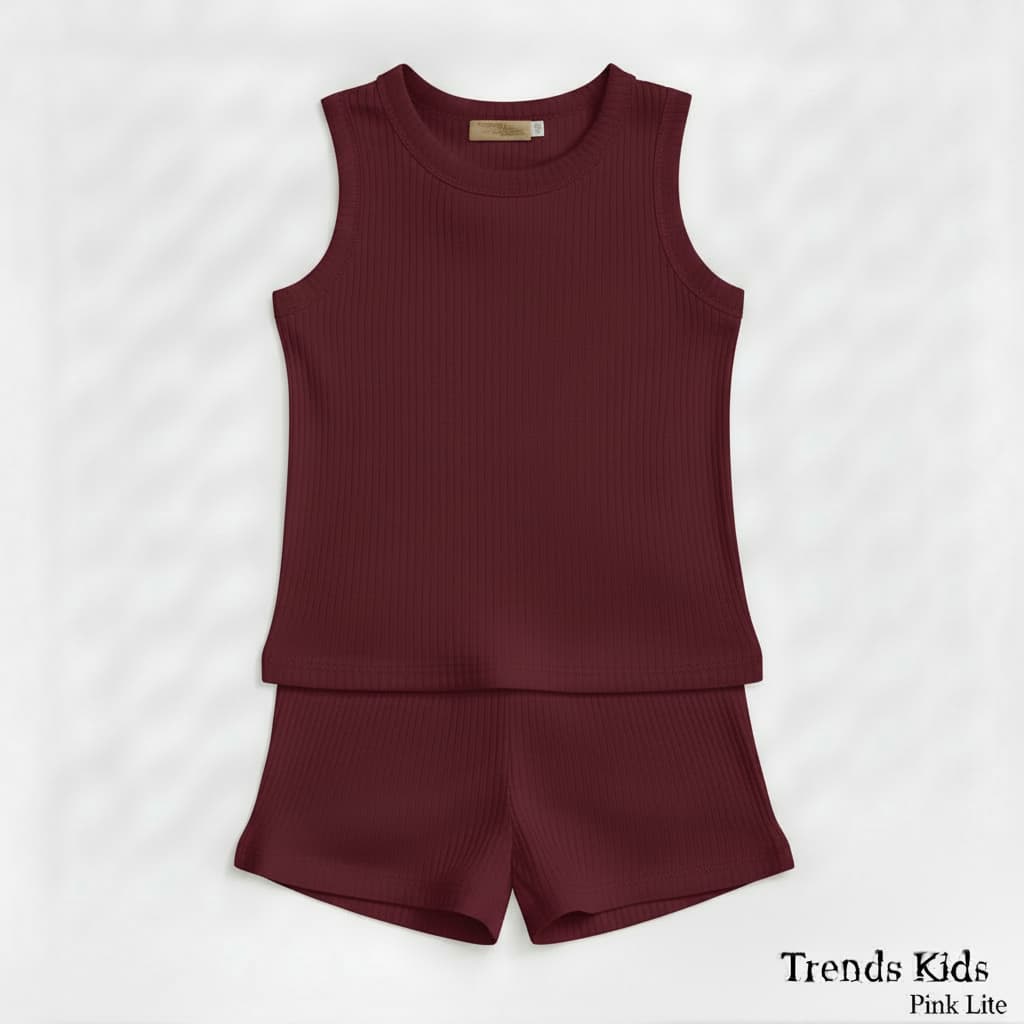 Kids Maroon Ribbed Tank Top & Shorts Set (0M-7Y) | Trends-Kids