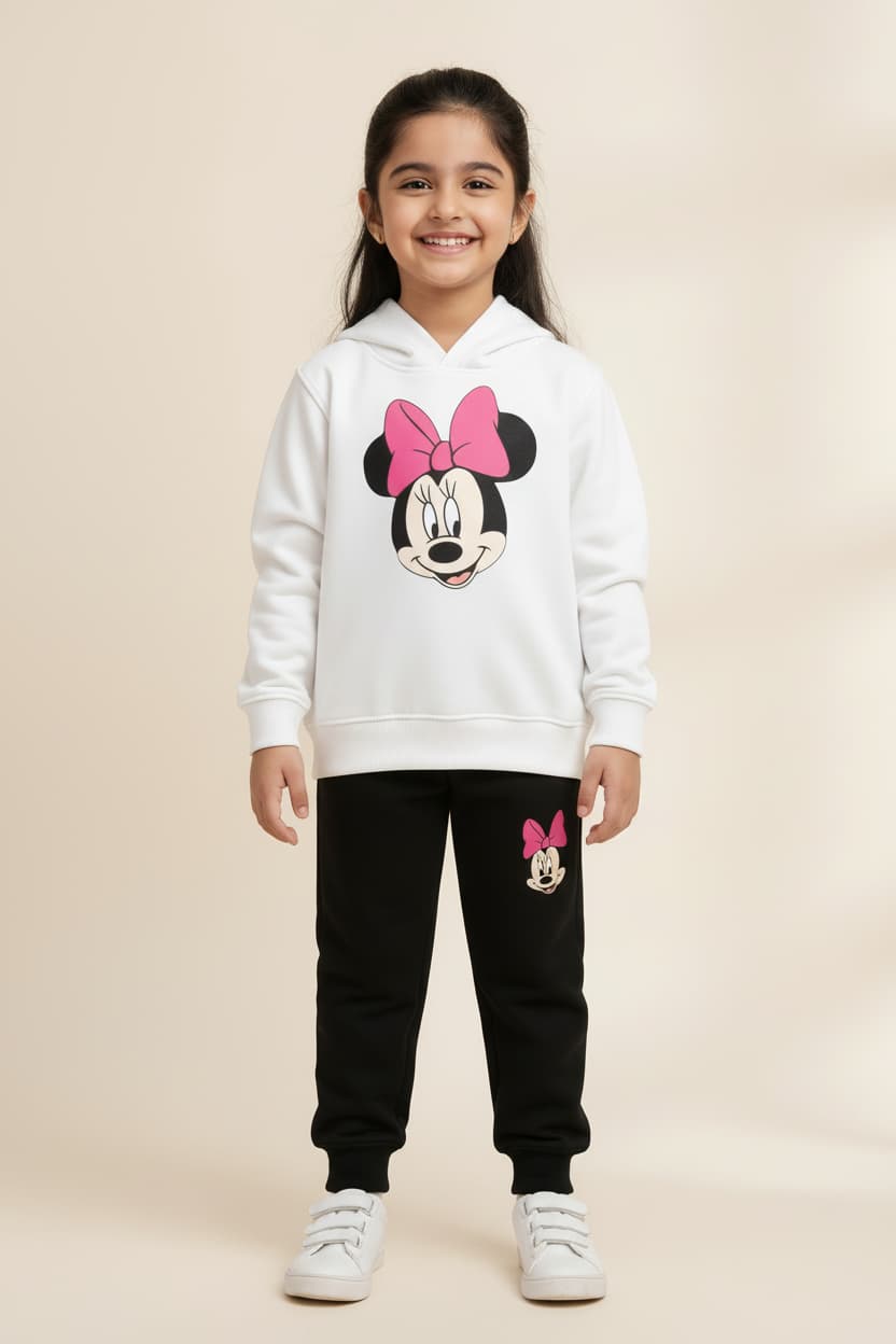 White Hoodie, Black jogger and  Pink-bow cartoon-Boys & Girls