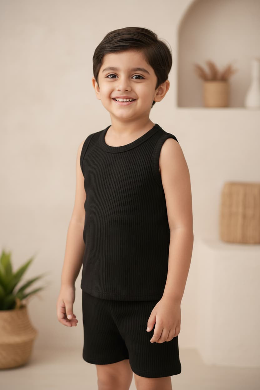 Premium Black Ribbed Tank Top Round Neck & Shorts Set for Kids (0 Months - 7 Years)