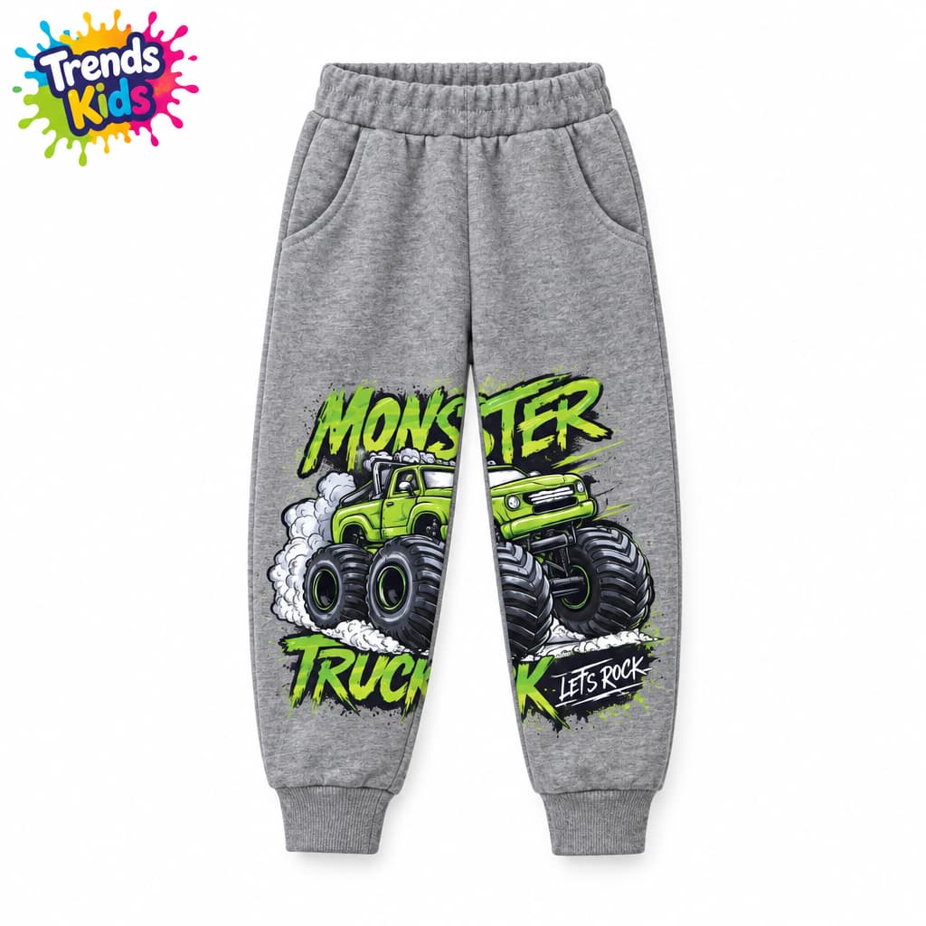 Gray Monster Truck Jogger for Kids – Winter Warm Soft Pants