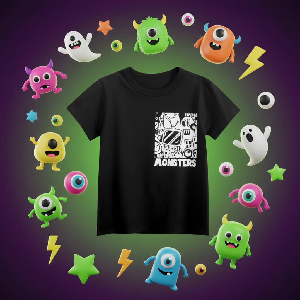 Basic Cotton Black T-Shirt for Baby & Kids – "Monsters" Doodle BTB20