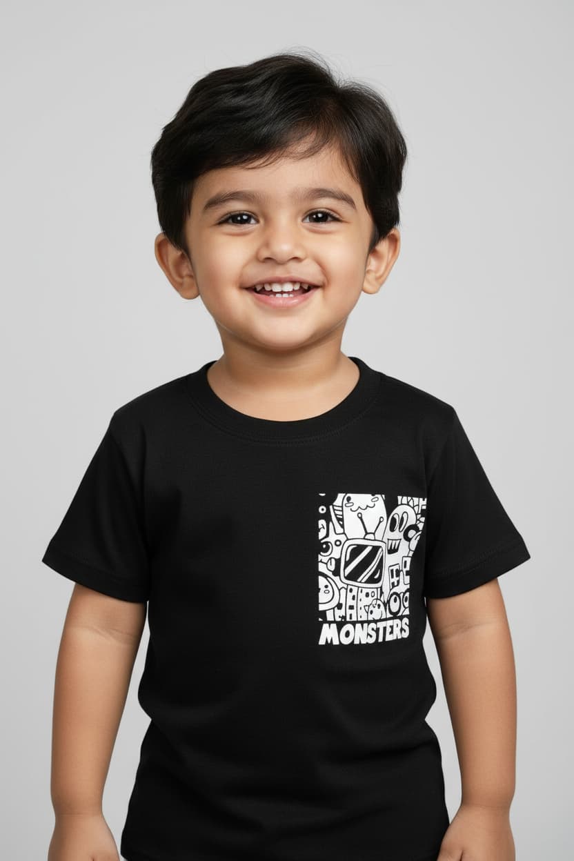 Basic Cotton Black T-Shirt for Baby & Kids – "Monsters" Doodle BTB20