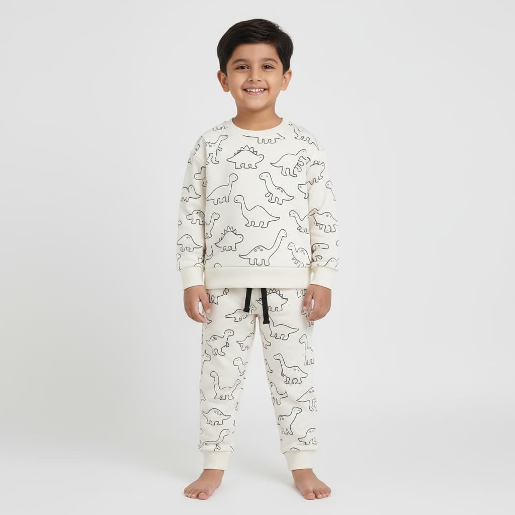 Boys & Girls Dinosaur-Print Winter Set – Terry Cotton Sweatshirt + Joggers