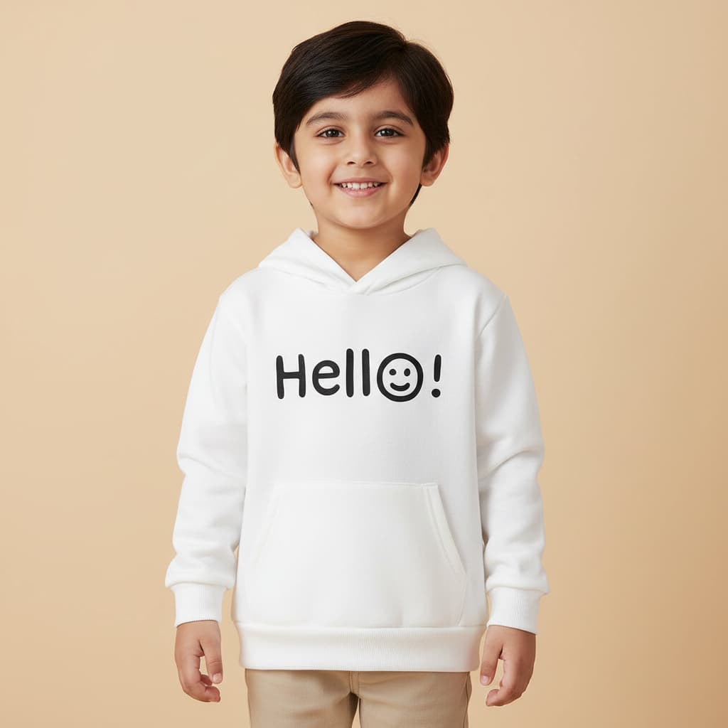 Kids “Hello” Printed White Hoodie – Soft & Cozy Winter Wear (6M–6Y) |