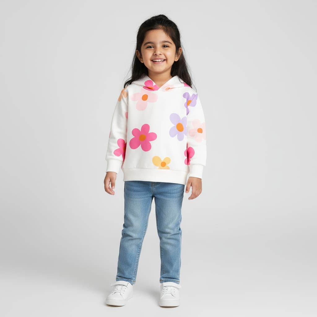 White Flower-Patterned Kids Hoodie