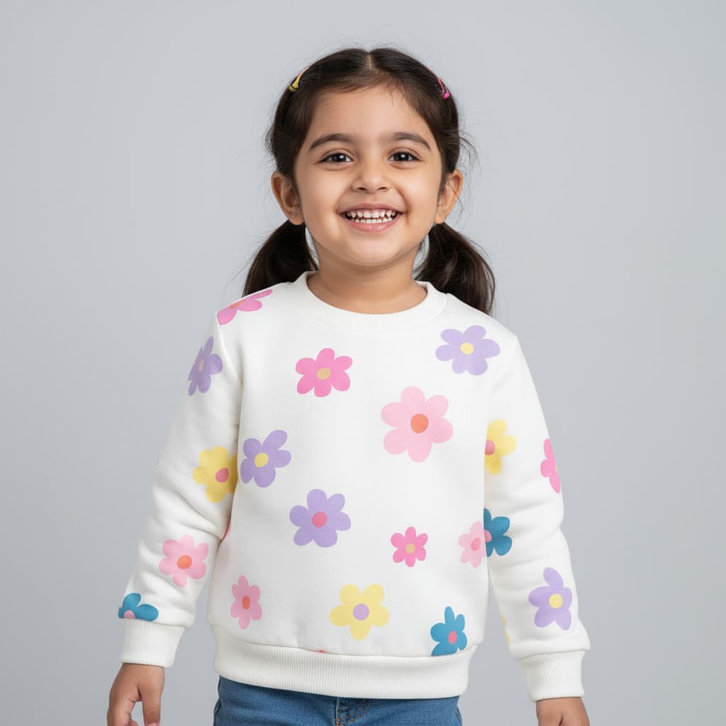 White Flower-Patterned Kids Sweatshirt | Trends-Kids