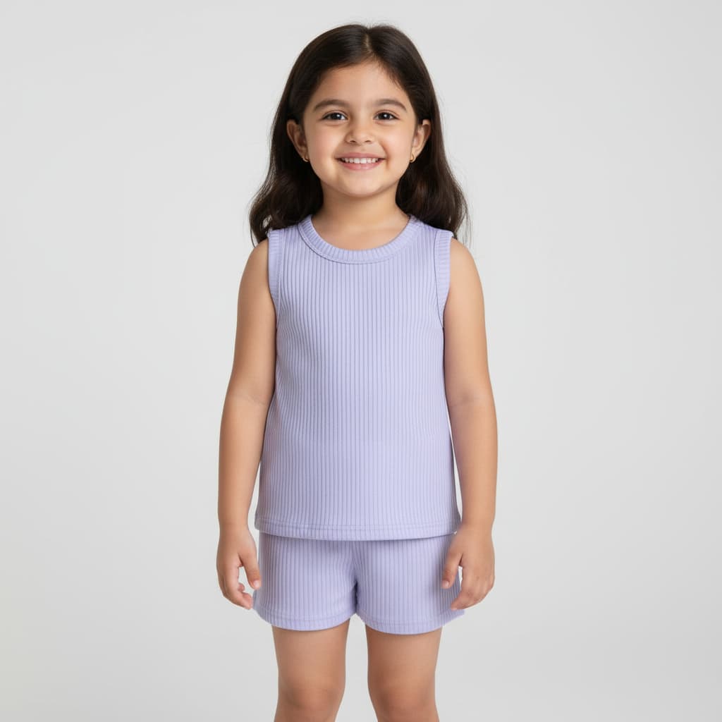 Lavender Ribbed Tank Top Round Nick & Shorts Set for Baby Girls & Kids