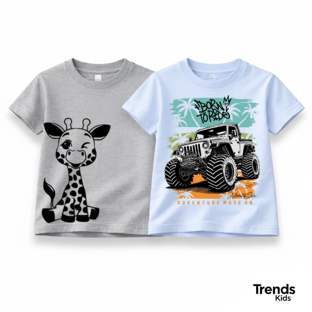 Boys'  Premium  T-Shirt 2-Pack– Winking Giraffe & Off-Road Jeep| TS2C-DIOCAR-MIX