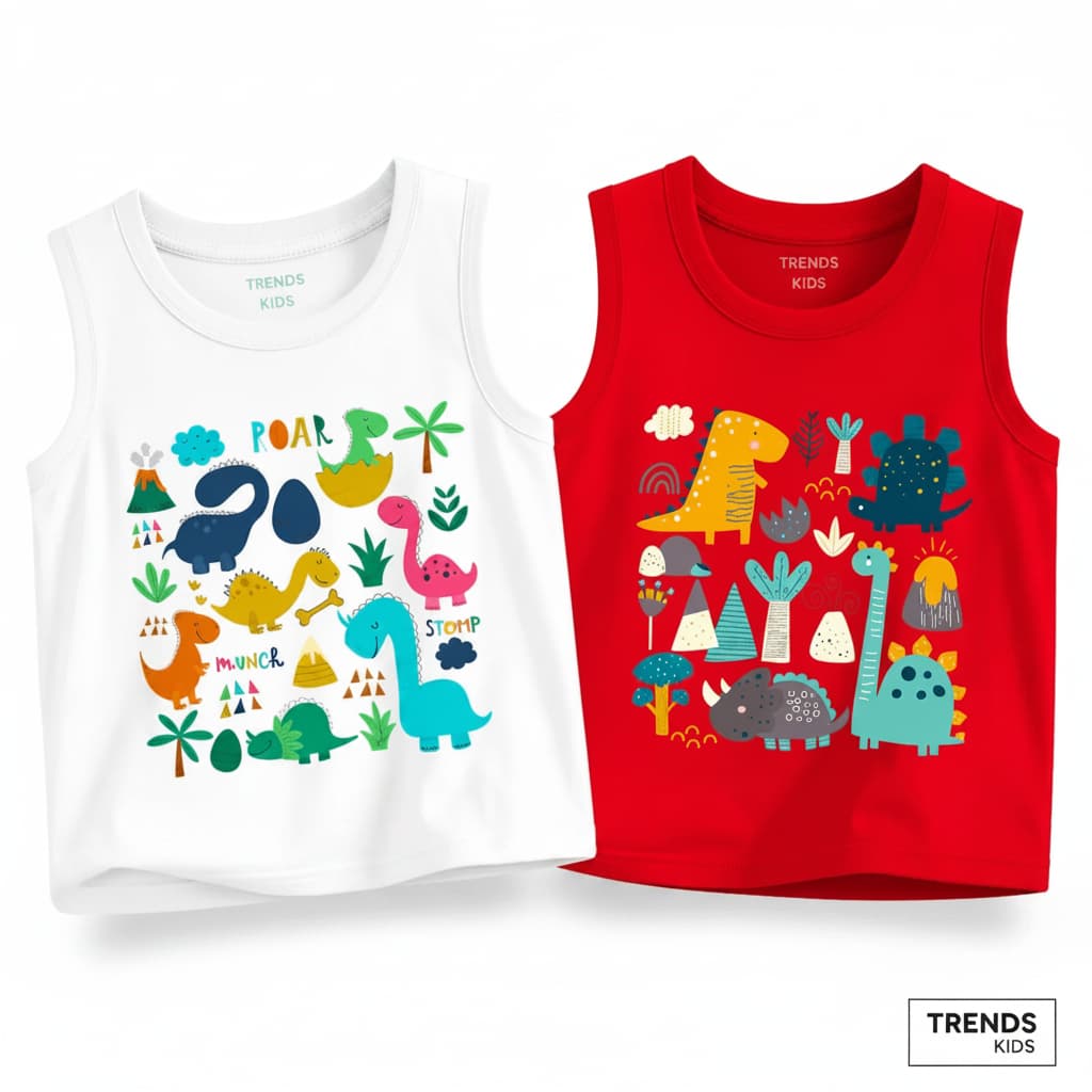 Kids Cotton Sleeveless Tank Top –Dinosaur Cartoon Print | TT2C-DINO-MIX