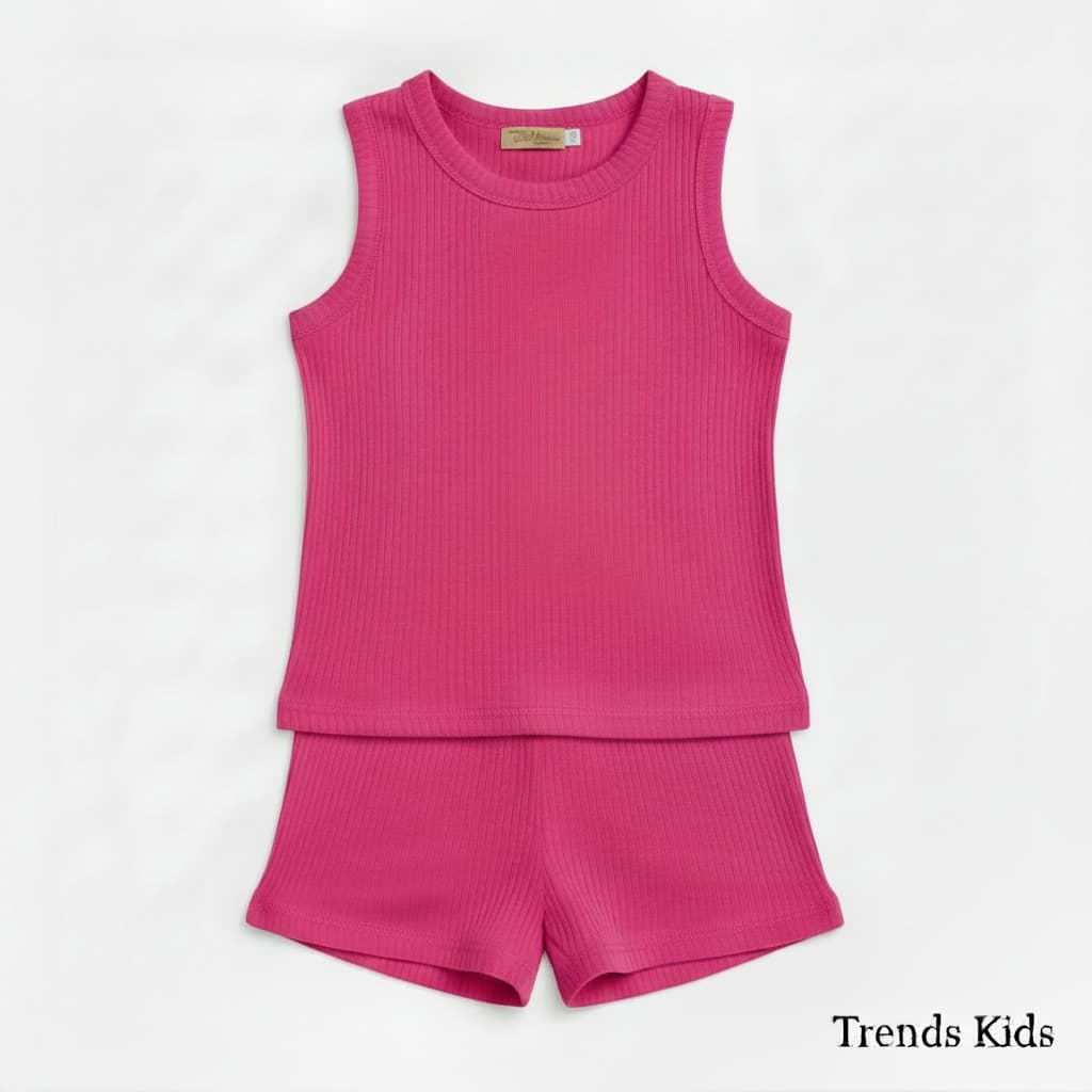 Premium Hot Pink Ribbed Tank Top Round Neck & Shorts Set for Kids (0 Months - 7 Years)