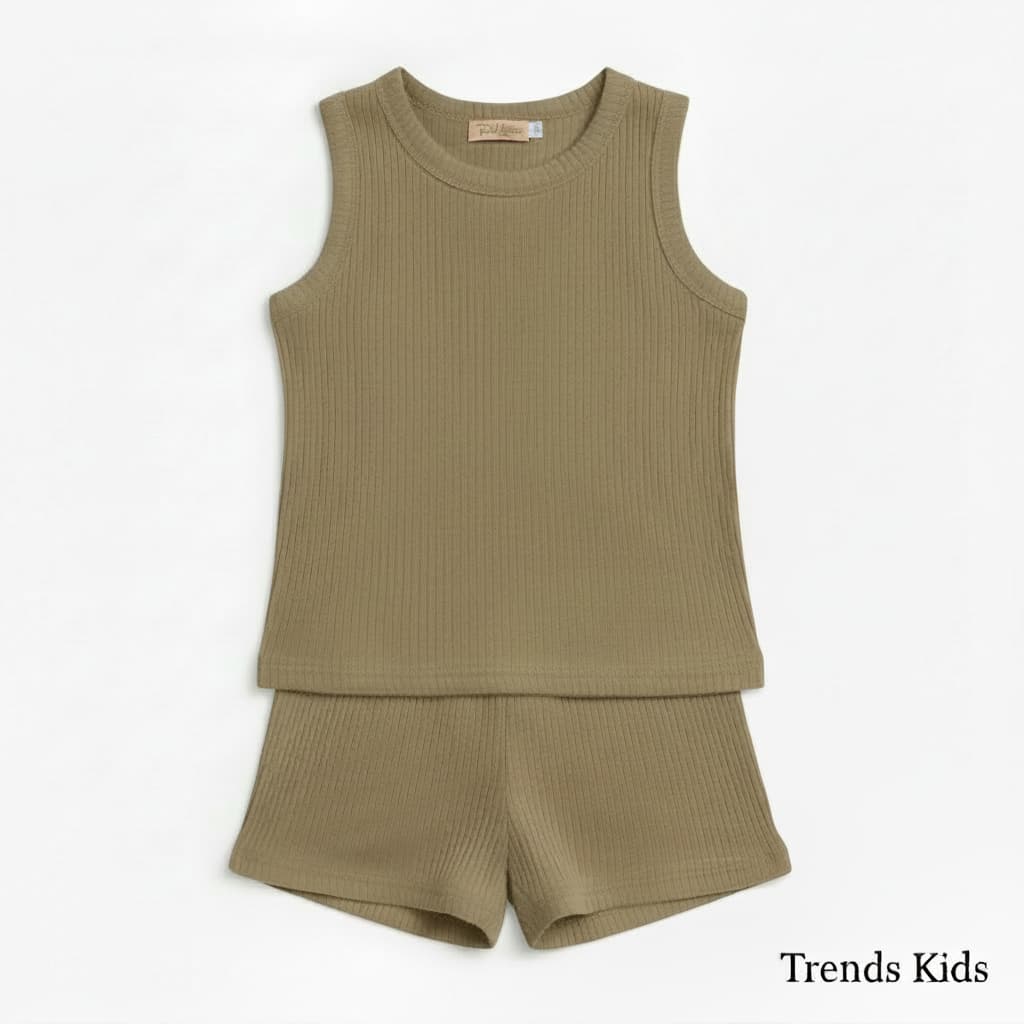 Kids Khaki Ribbed Tank Top & Shorts Set (0M-7Y) | Trends-Kids