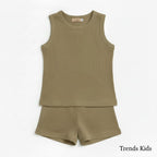 Kids Khaki Ribbed Tank Top & Shorts Set (0M-7Y) | Trends-Kids