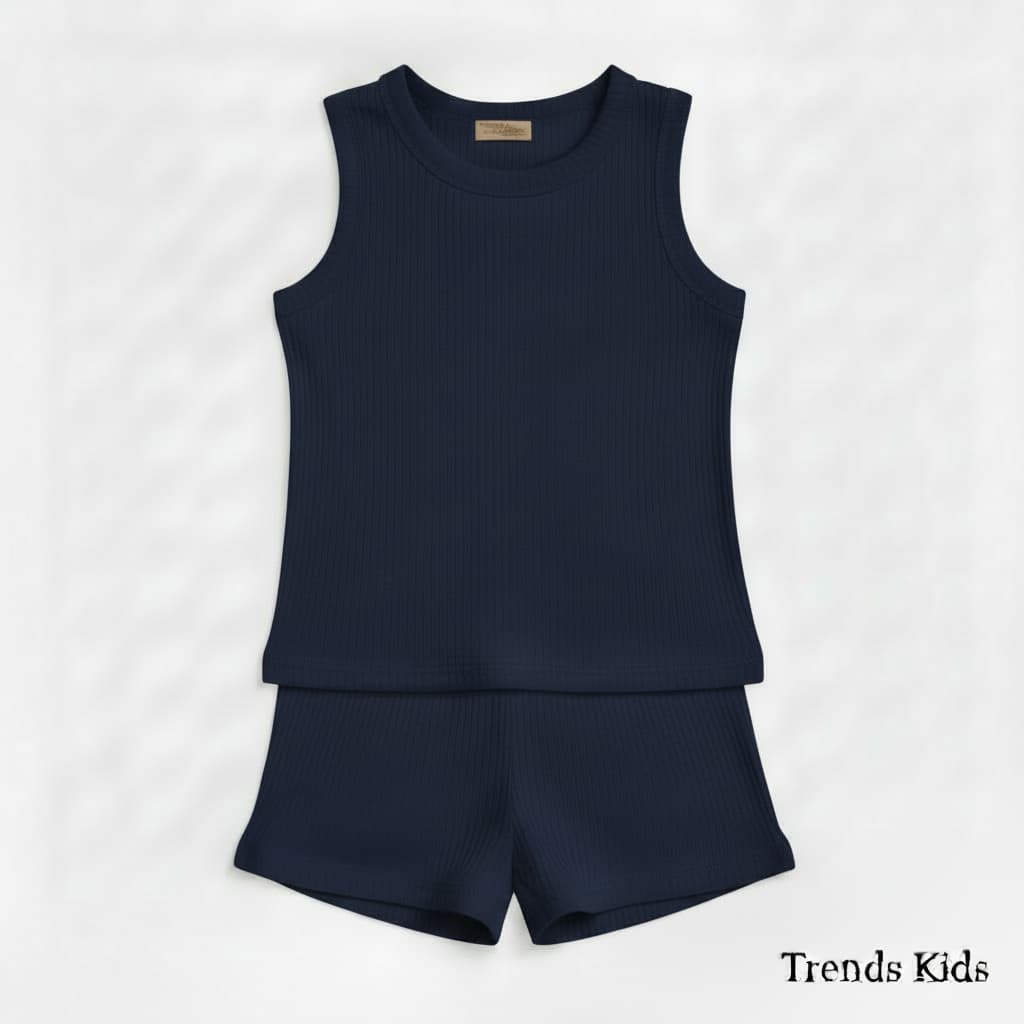 Premium Navy Blue Ribbed Tank Top Round Neck & Shorts Set for Kids (0 Months - 7 Years)