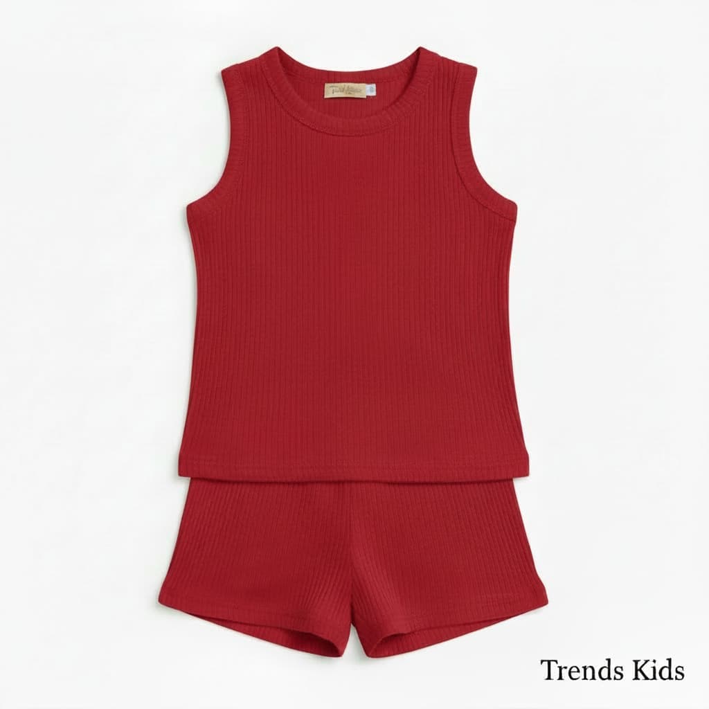 Premium Red Ribbed Tank Top Round Neck & Shorts Set for Kids (0 Months - 7 Years)
