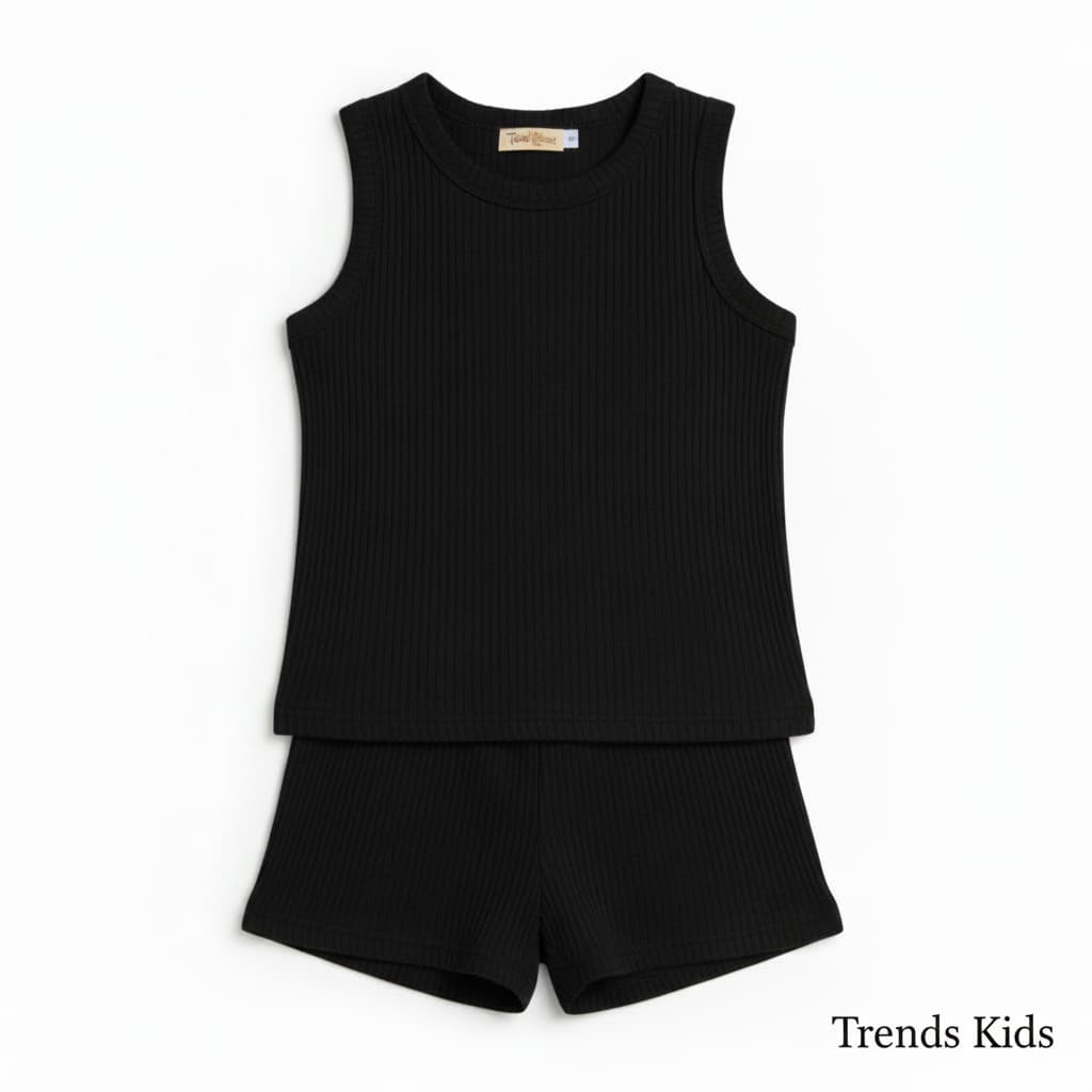 Premium Black Ribbed Tank Top Round Neck & Shorts Set for Kids (0 Months - 7 Years)