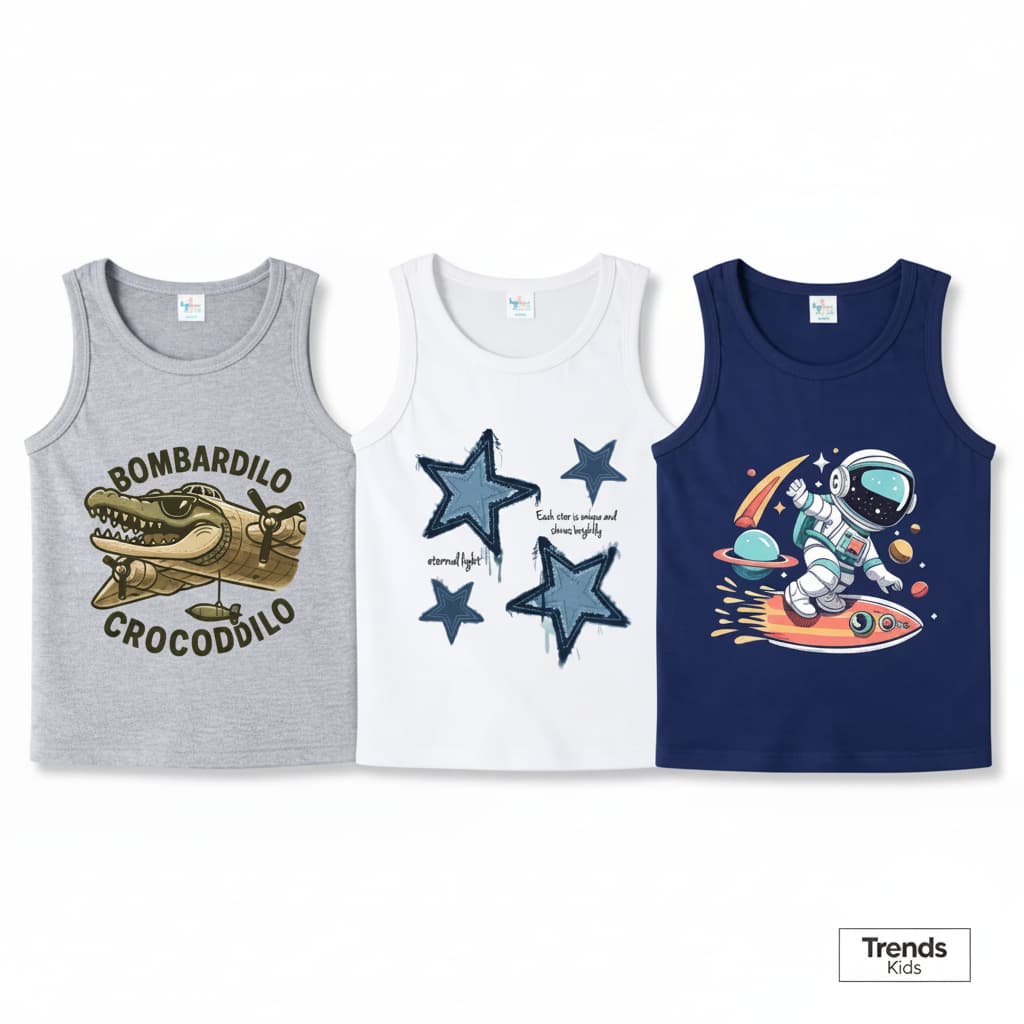 Boys Cartoon & Space Print Cotton Tank Top – 100% Cotton Summer Sleeveless Shirt