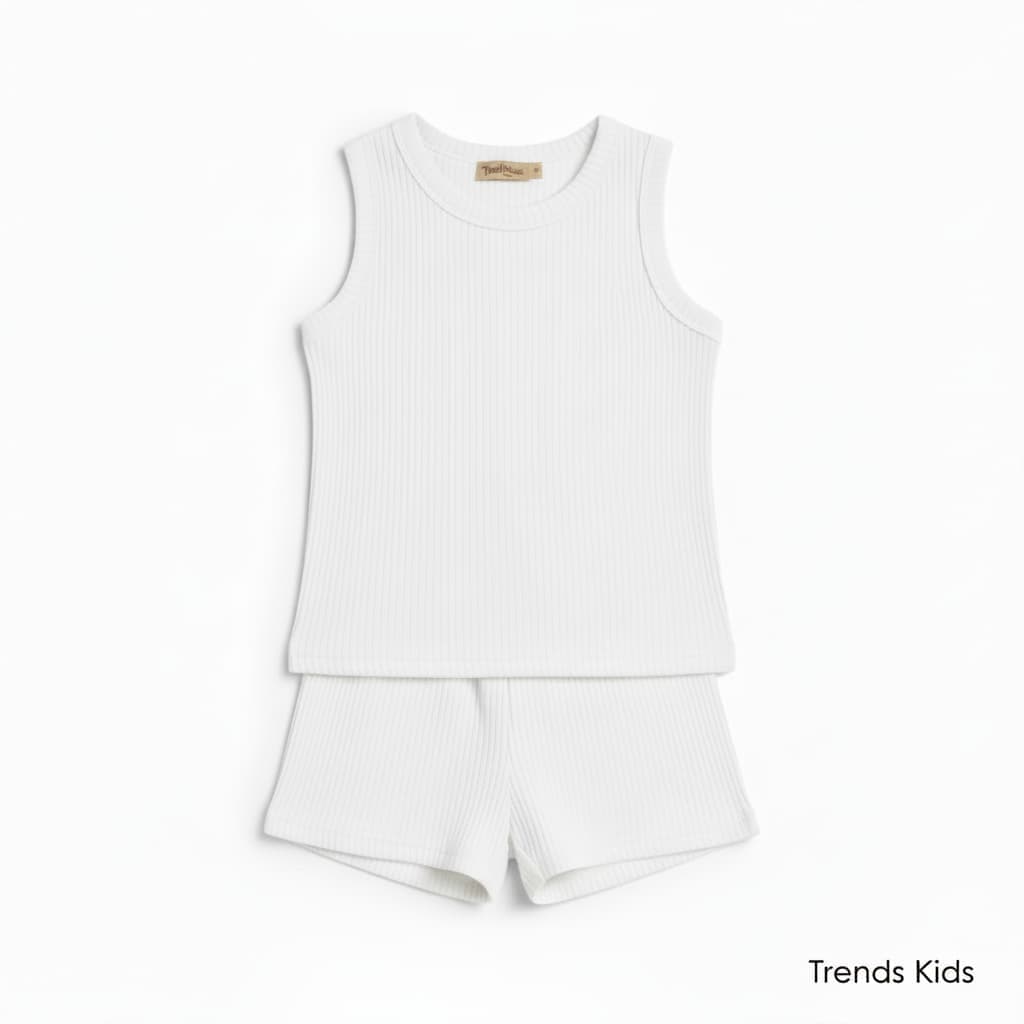 Premium White Ribbed Tank Top Round Neck & Shorts Set for Kids (0 Months - 7 Years)