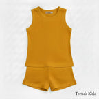 Premium Mustard Yellow Ribbed Tank Top Round Neck & Shorts Set for Kids (0 Months - 7 Years)