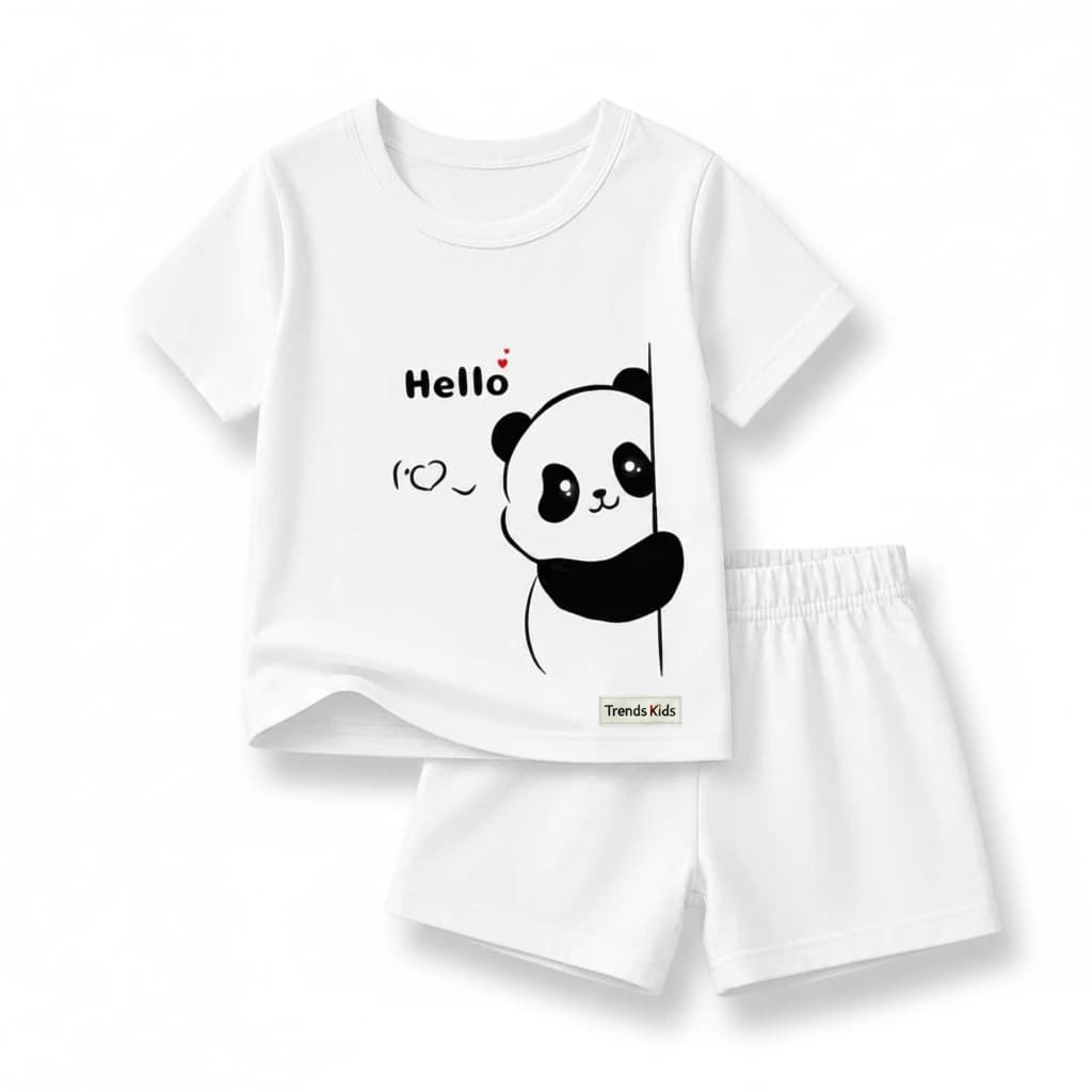 Basic Toddler Two-Piece Summer Set: Panda "Hello" Tee & Shorts Set