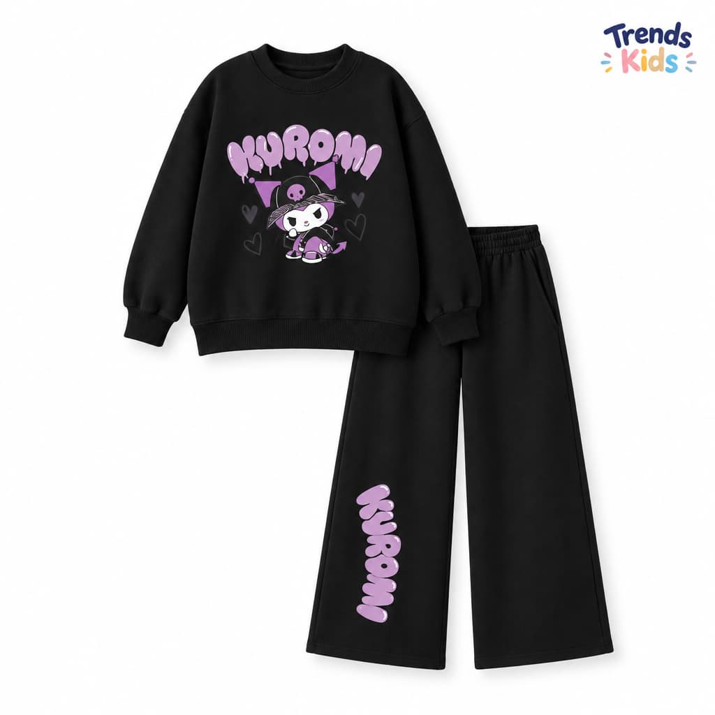 Girls Hello Kitty Kuromi K-Pop Printed Cotton Sweatshirt With Trousers