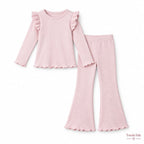 Light Pink Ribbed Ruffle Top & Flare Pants Set