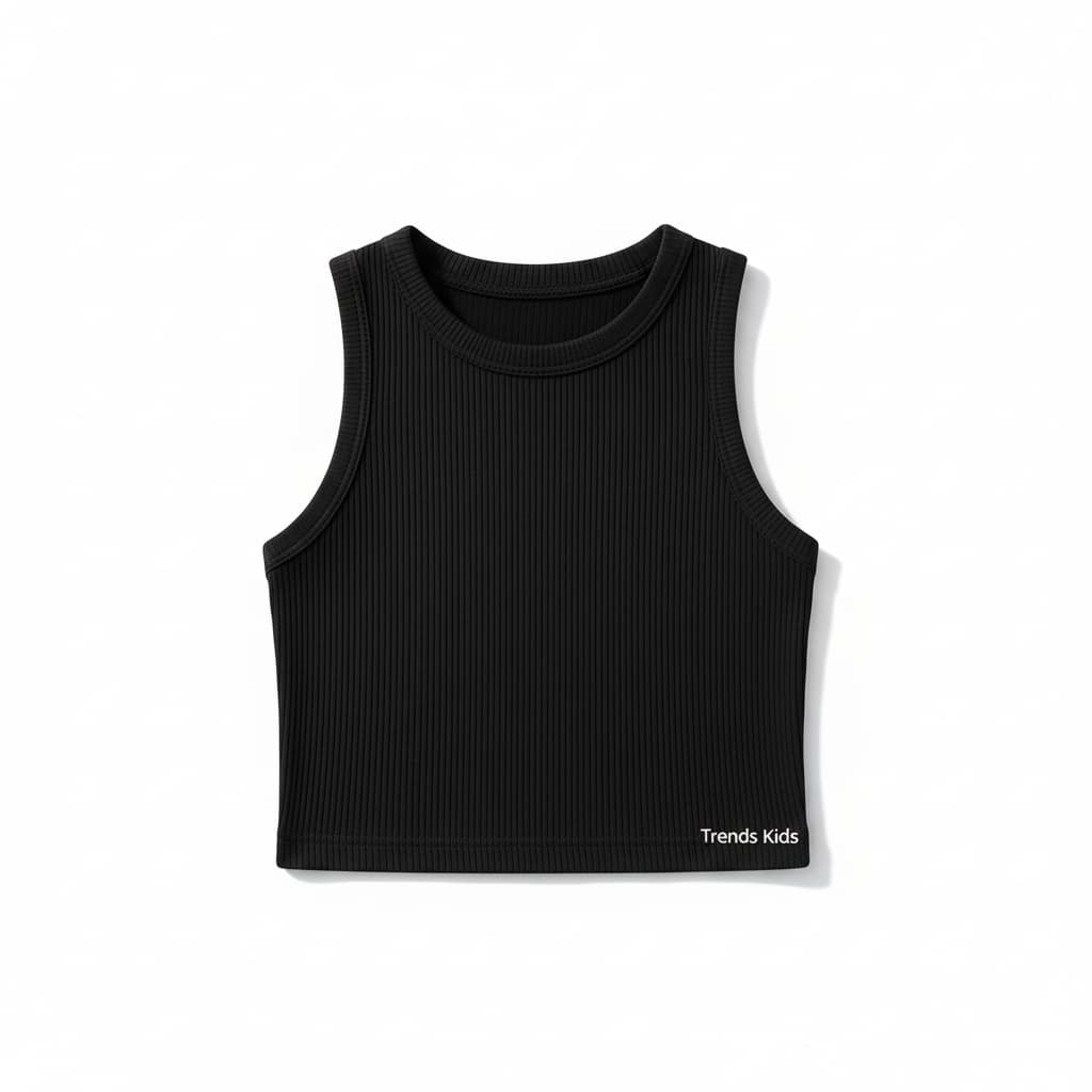 Black ribbed sleeveless top for baby girls and kids on a pure white background