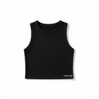 Black ribbed sleeveless top for baby girls and kids on a pure white background