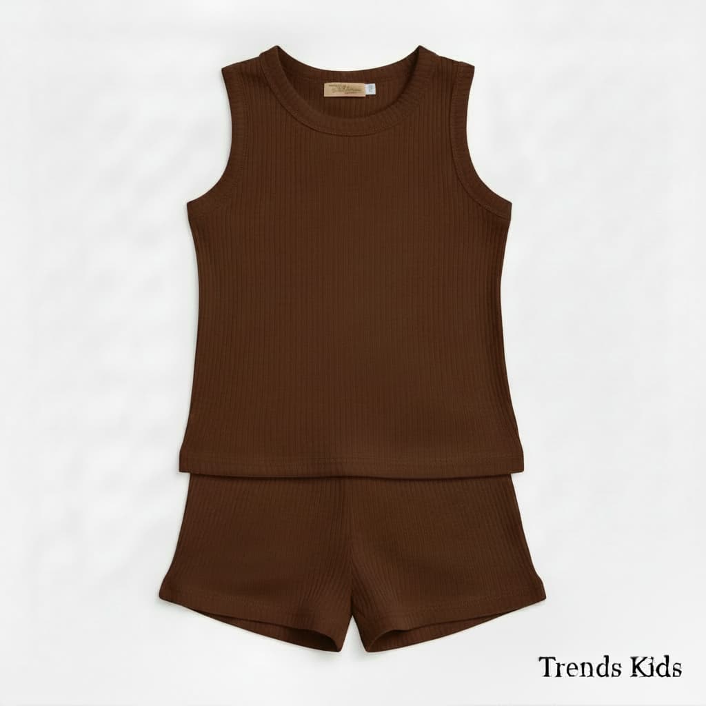 Premium Chocolate Brown Ribbed Tank Top Round Neck & Shorts Set for Kids (0 Months - 7 Years)