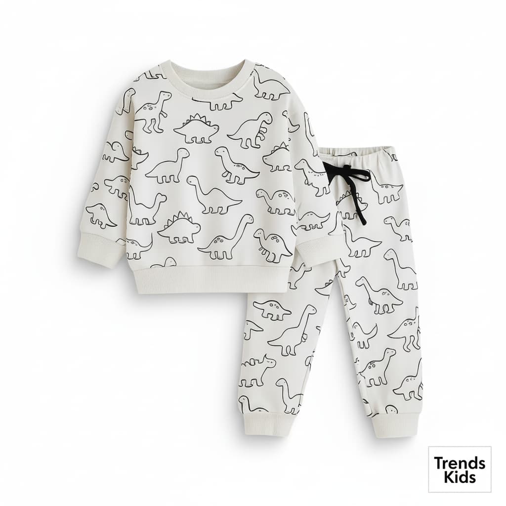 Boys & Girls Dinosaur-Print Winter Set – Terry Cotton Sweatshirt + Joggers