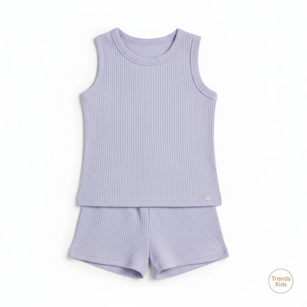 Lavender Ribbed Tank Top Round Nick & Shorts Set for Baby Girls & Kids